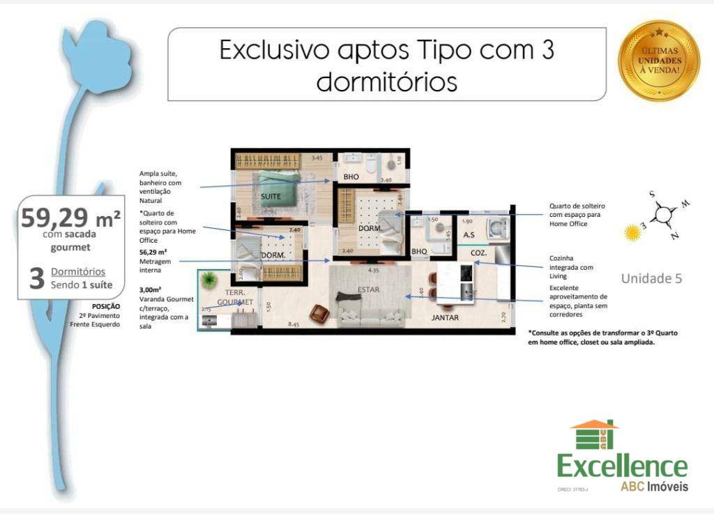 Apartamento à venda com 3 quartos, 60m² - Foto 1