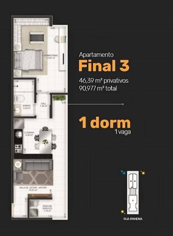 Apartamento à venda com 1 quarto, 46m² - Foto 2