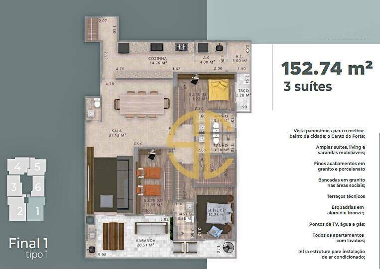 Apartamento à venda com 3 quartos, 152m² - Foto 1