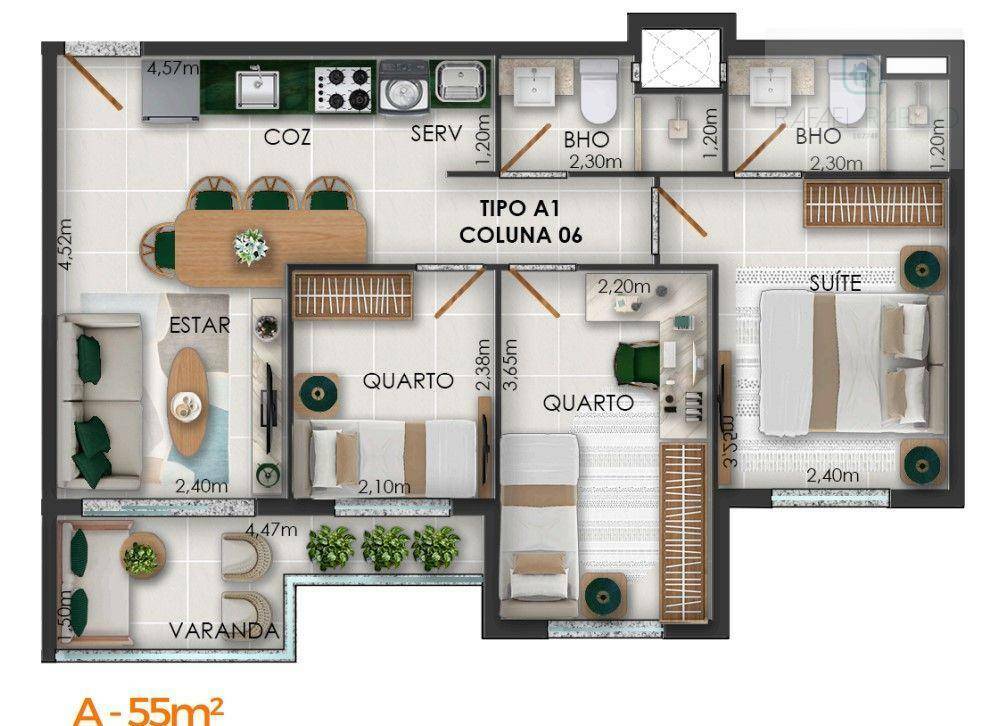 Apartamento, 3 quartos, 55 m² - Foto 2