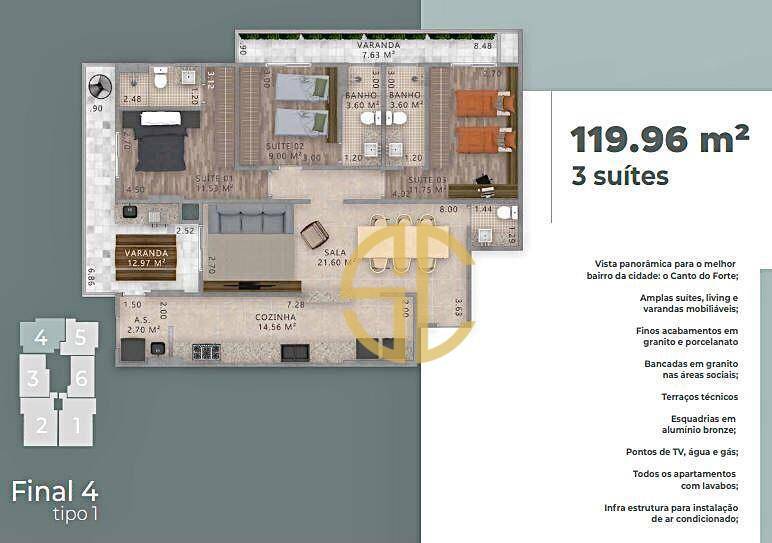 Apartamento à venda com 3 quartos, 119m² - Foto 1