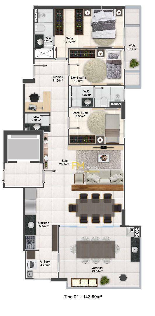 Apartamento à venda com 3 quartos, 142m² - Foto 2