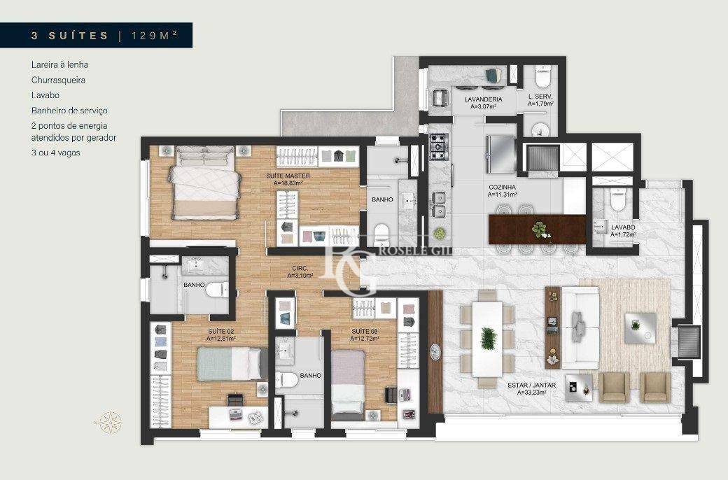 Apartamento à venda com 3 quartos, 129m² - Foto 3