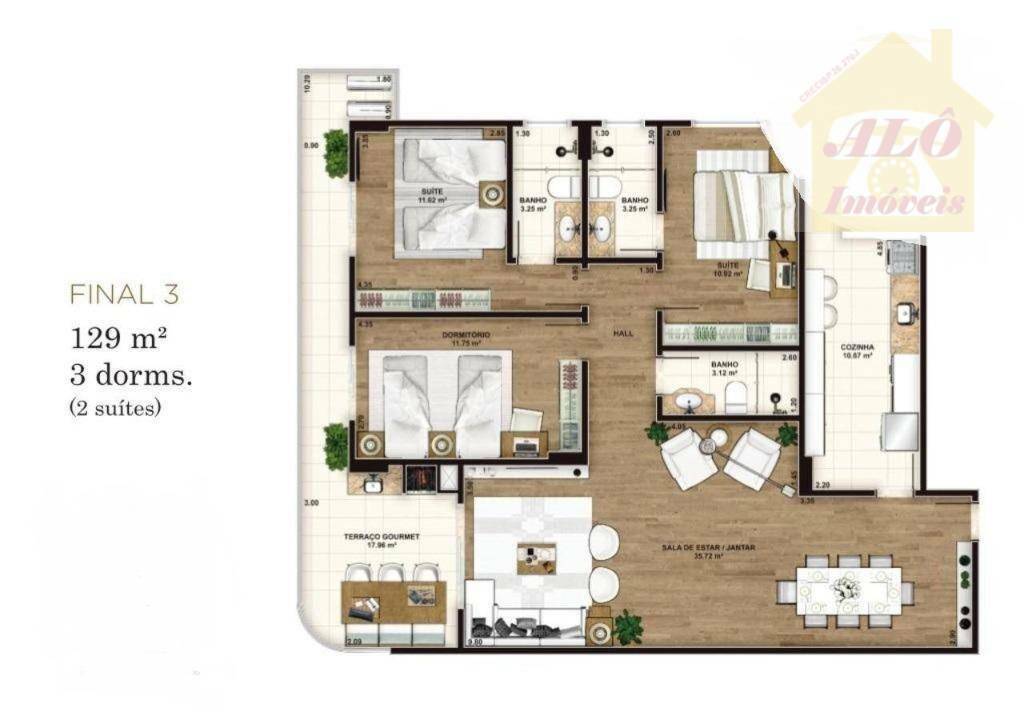 Apartamento à venda com 3 quartos, 129m² - Foto 2